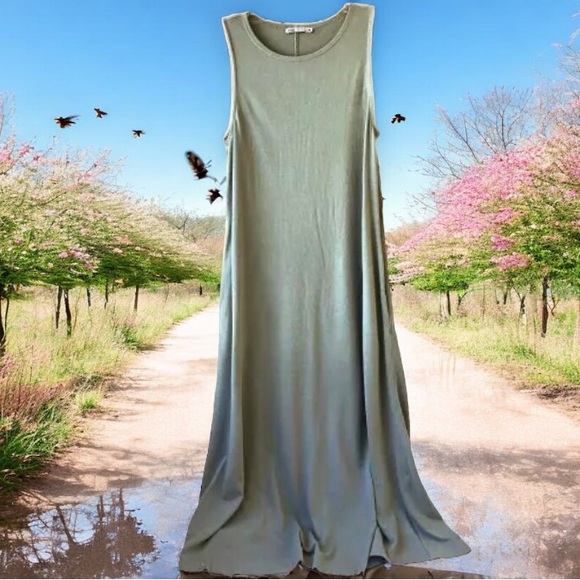 Zara Green T-shirt Tunic Sleeveless Swing Dress Knit Midi Pockets - Picture 2 of 16